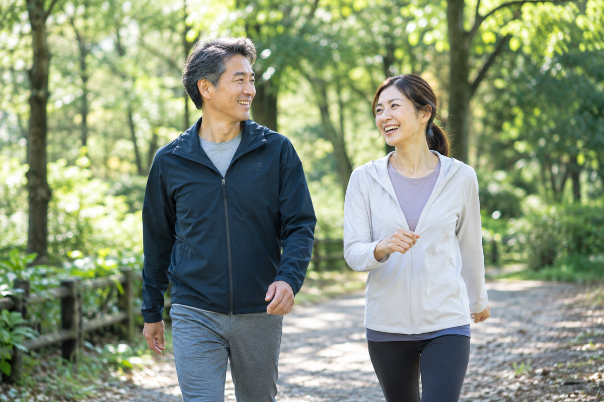 緑のある公園を一緒に歩く、活動的な50代の男女